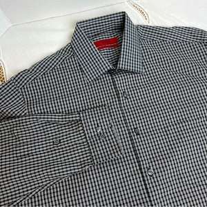 Alfani Men’s Fitted Plaid Dress Shirt Stretch Fabric Sz.16 Lg. 31/35  Blk./ Wht.